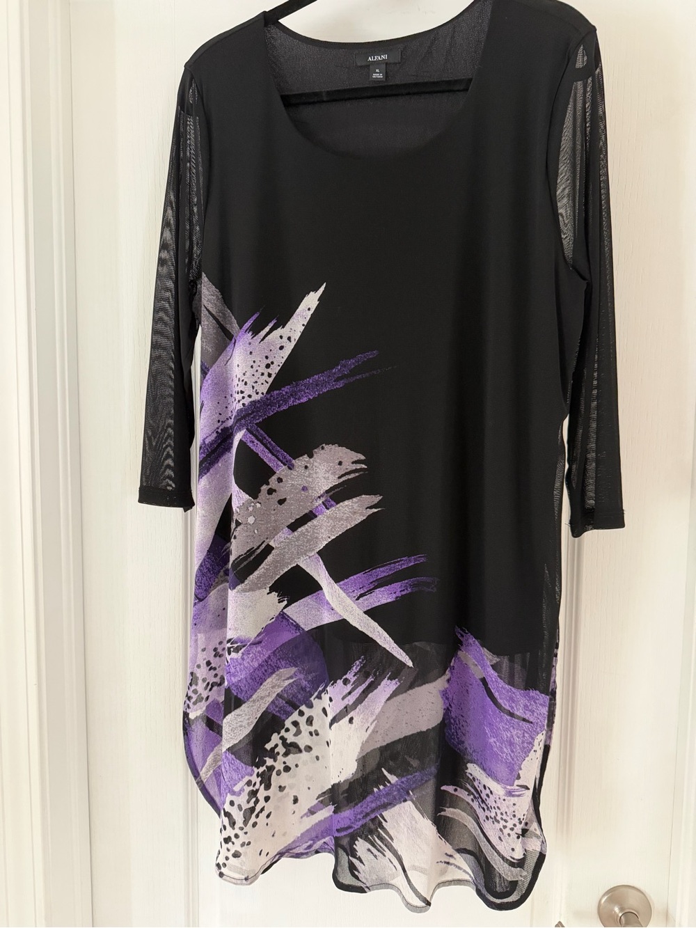 Alfani Black Tunic with Purple & White Brushstroke Design